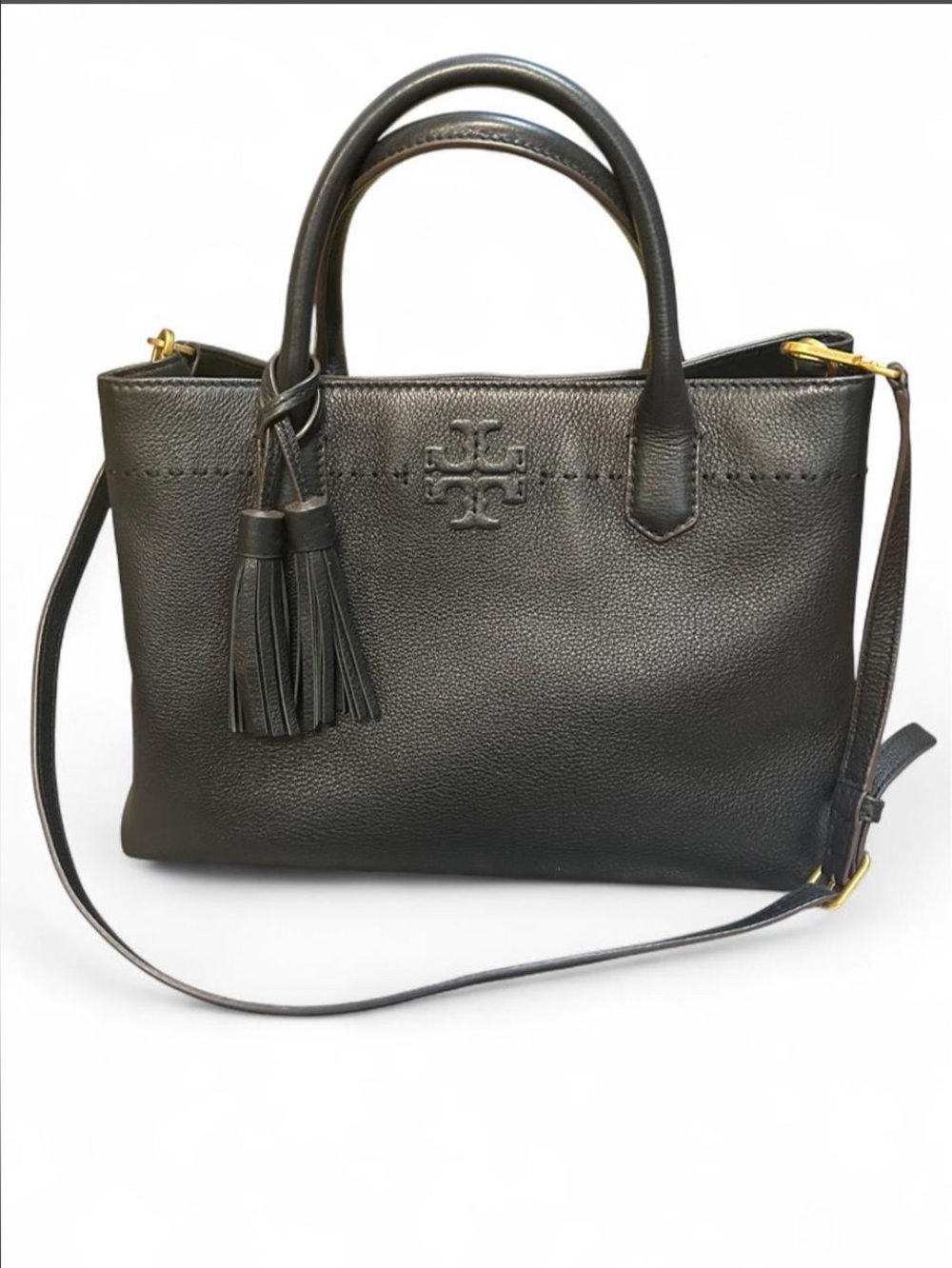 Tory Burch Black Pebbled Leather Satchel with Tassel